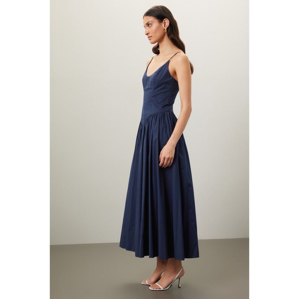Staud Women's Navy Spaghetti Strap Drop Waist Poplin Dena Maxi Dress Sz 12 NWOT - Picture 9 of 15